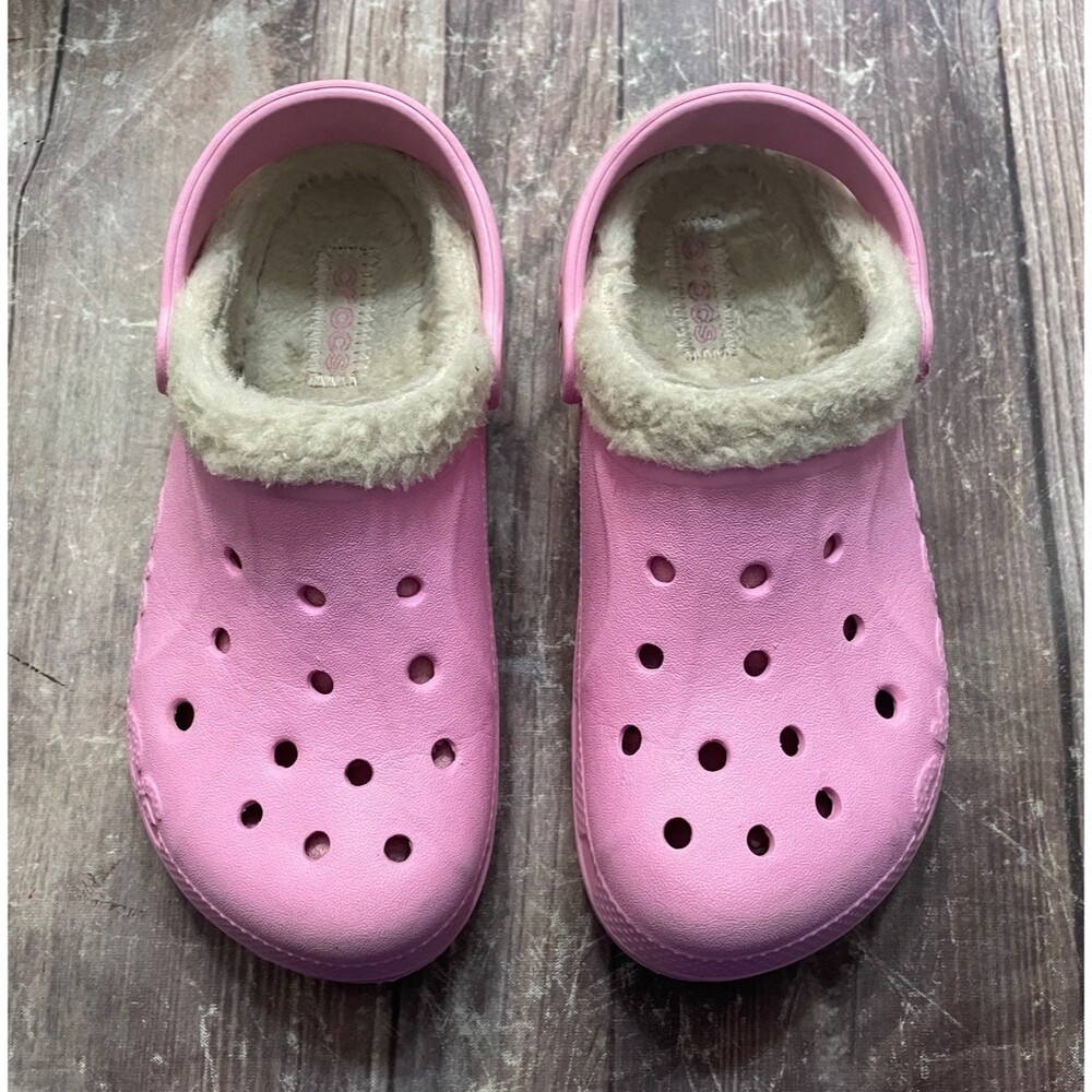 Pink Furry Lined Croc Crocs Girl Shoes, Size Youth 12-13